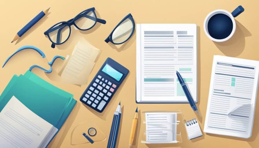 A desk with papers, a computer, and a magnifying glass. Books on legal and financial topics. A checklist and pen