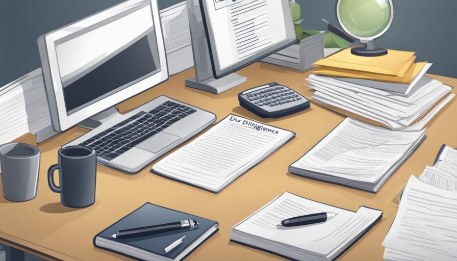 A desk with papers, a computer, and a magnifying glass. Files labeled Due Diligence and Definition are neatly organized