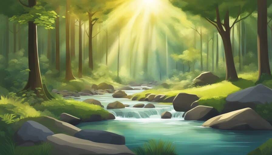 A serene forest with sunlight filtering through the trees, a flowing stream, and diverse wildlife, illustrating the concept of due diligence in nature