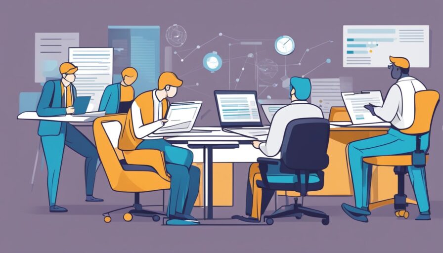 Multiple figures researching and analyzing documents and data, each playing a specific role in the due diligence process