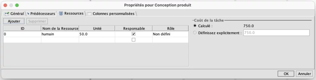 fenetre d'une tache de project libre