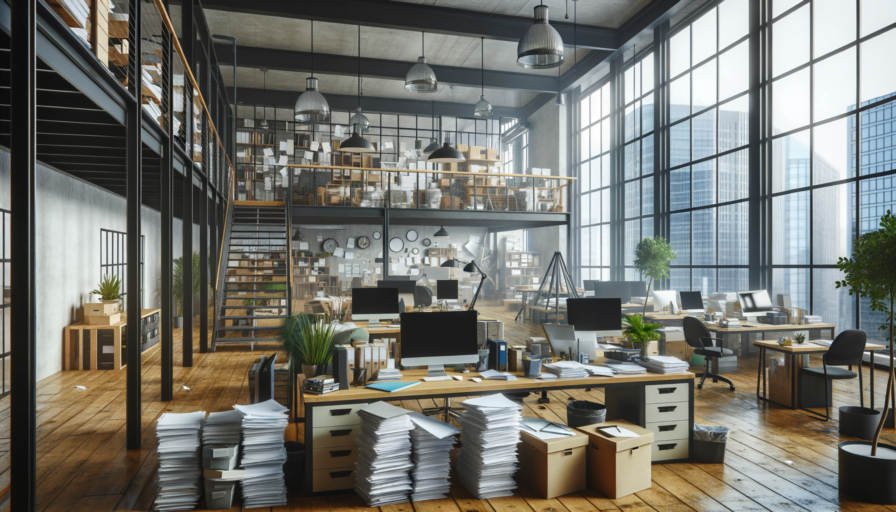 grand bureau de travail, moderne rempli de piles de papier de d'objet servant a travailler