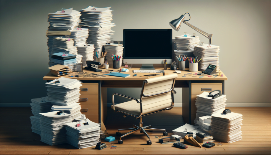 grand bureau de travail, moderne rempli de piles de papier de d'objet servant a travailler